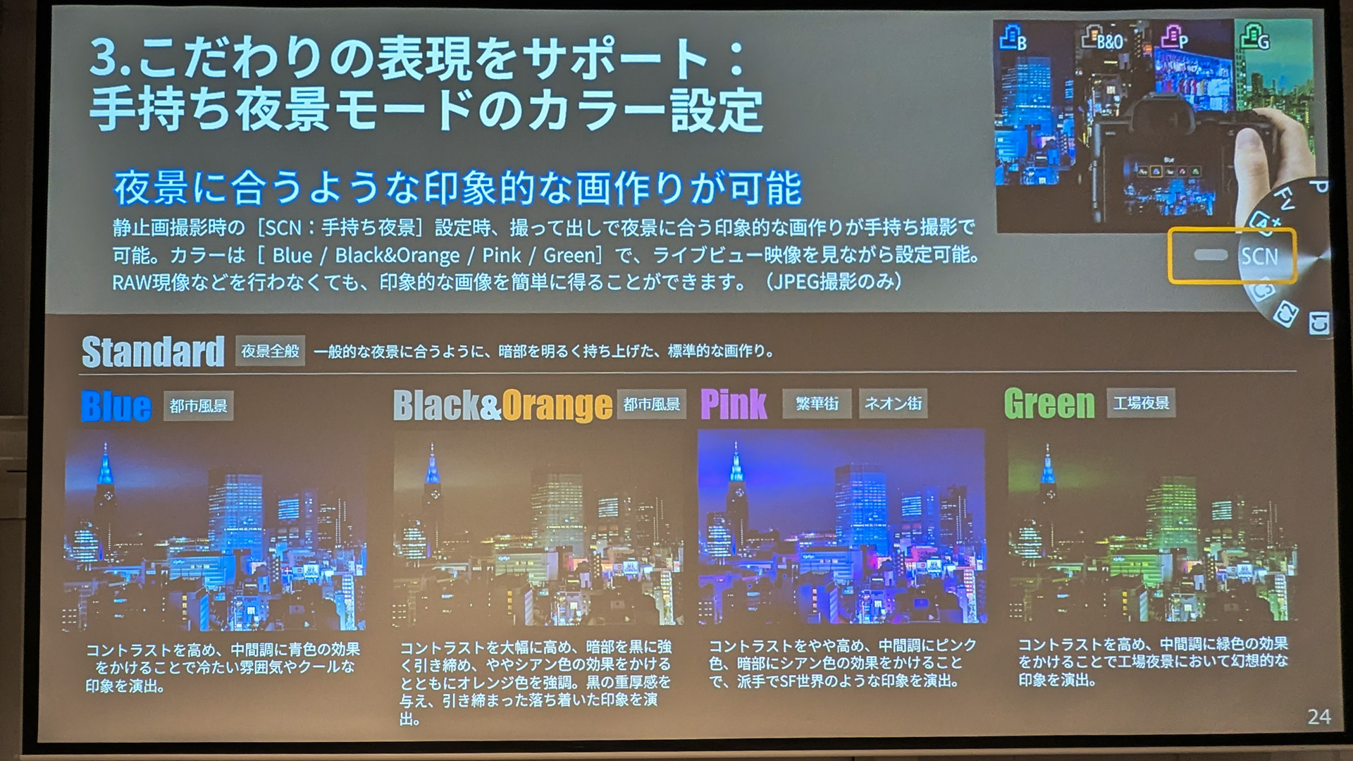 夜景向けのカラー設定も搭載している