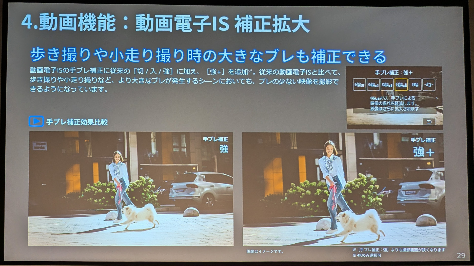 動画電子ISが強化され、「強+」という小走り撮影にも対応するモードができた