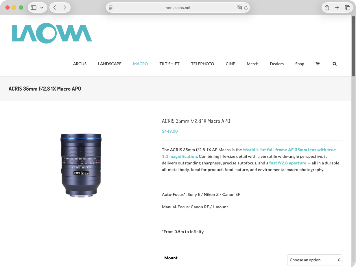 <a href="https://www.venuslens.net/product/acris-35mm-f-2-8-1x-macro-apo/">LAOWAの製品ページ</a>より