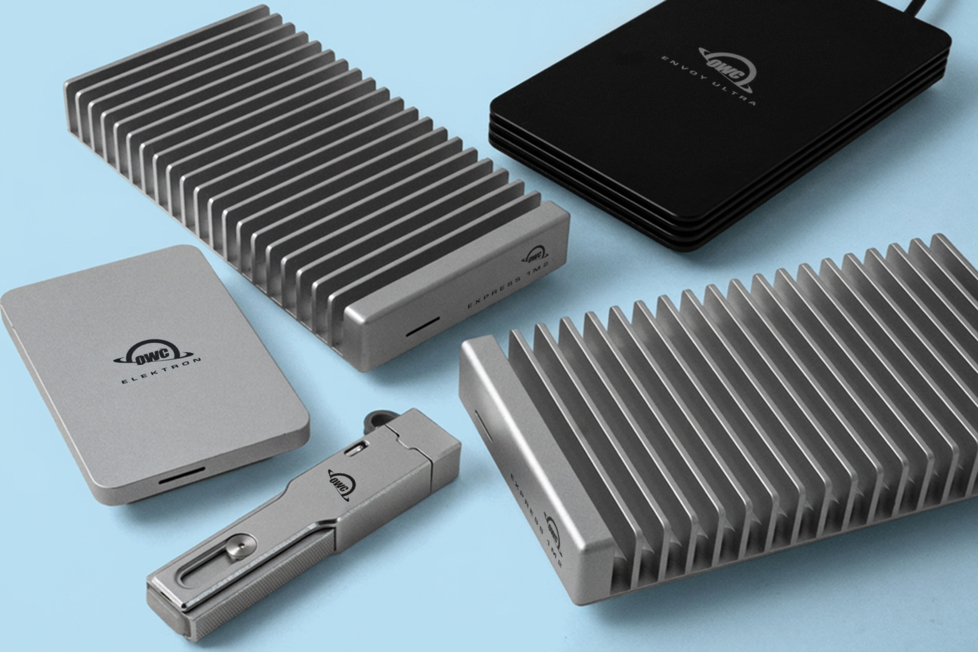 検証を行ったOWC製の外付けSSD。スティック状のモバイルタイプから空冷フィンの付いた据え置き型まで5モデルを用意。