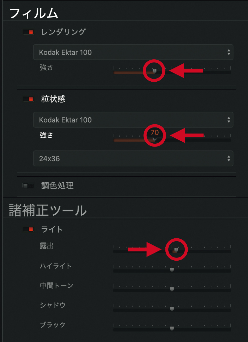 粒状感をわずかに下げてざらつきを抑え露出を上げて明るさを調整した