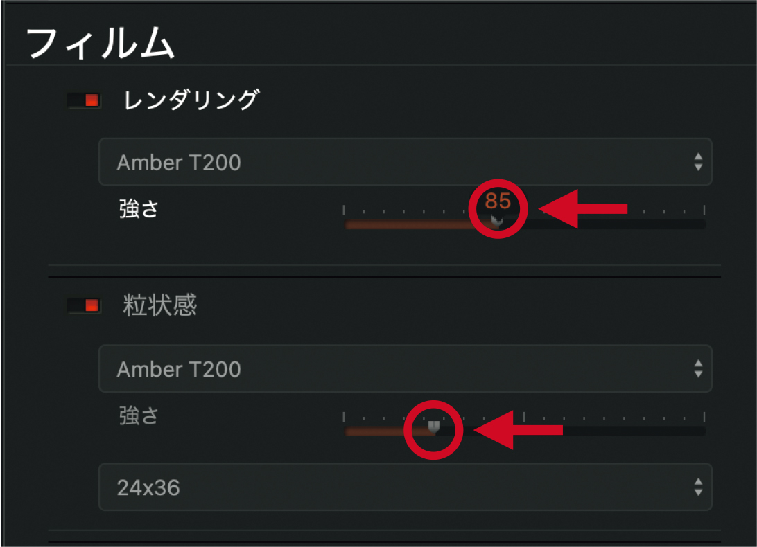 強さを下げて青みを調整しつつ粒状感を抑えてしっとりと見せた