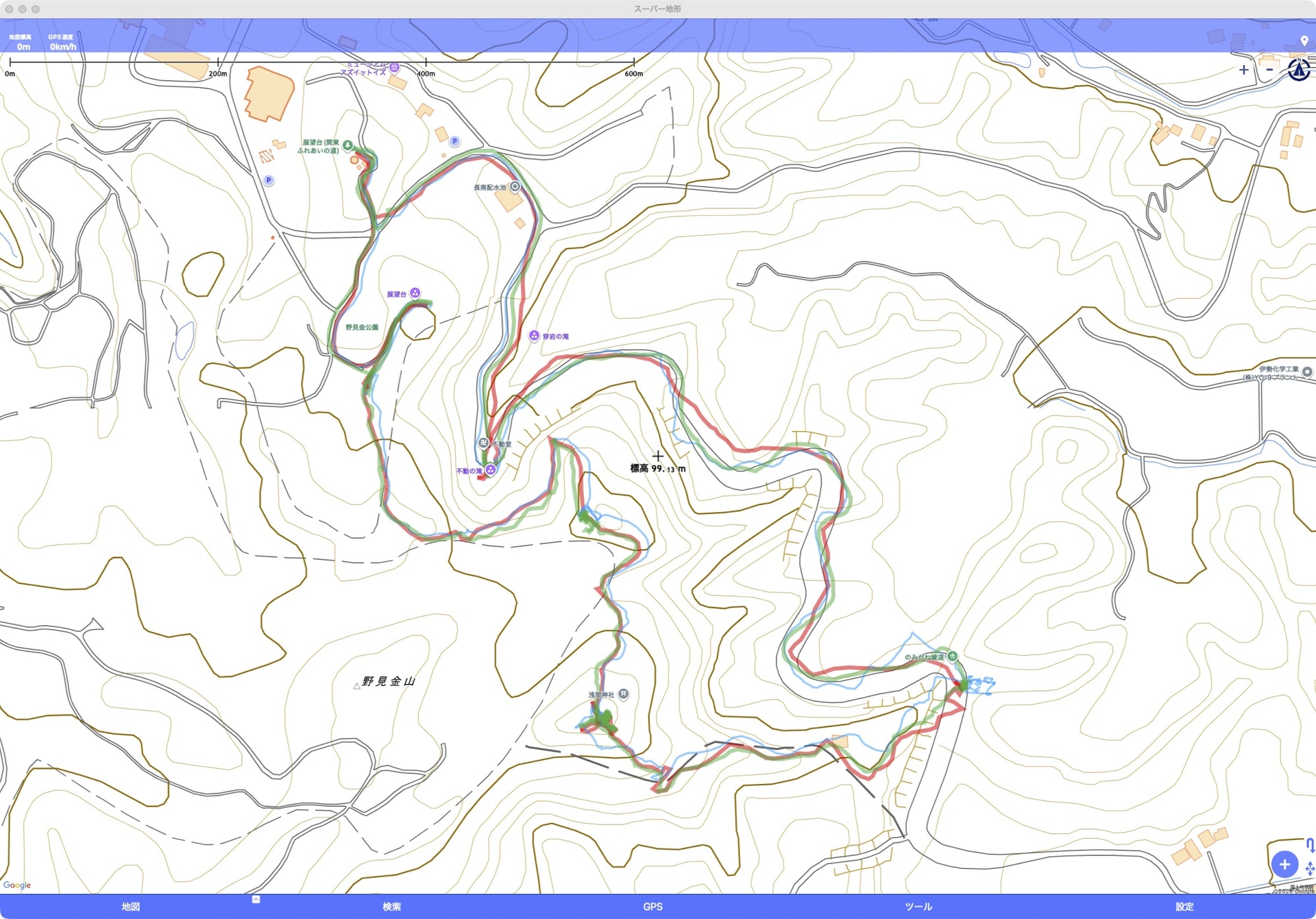地形図アプリ「スーパー地形」に3台のログを重ねて表示（赤：iPhone SE3、緑：T-Rex 3 Pro、青：Active 2）。