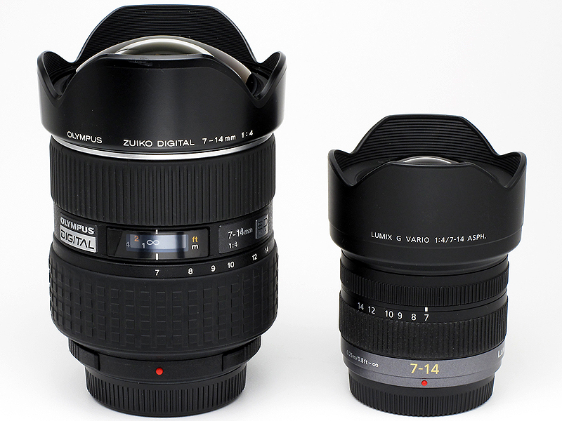 <b>右がG VARIO 7-14mm F4 ASPH.、左がオリンパスZUIKO DIGITAL ED 7-14mm F4。超広角レンズ設計におけるマイクロフォーサーズ規格の優位性は歴然としている</b>