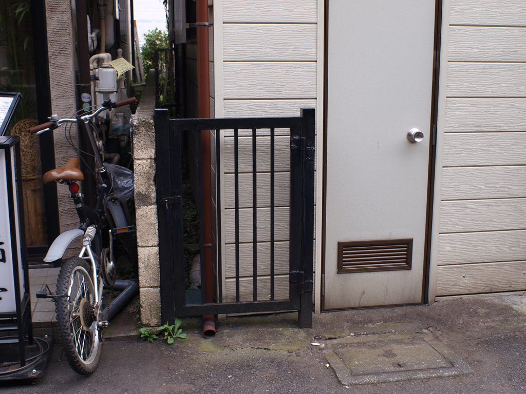 <b>鉄製の小扉だが、これを開けたところで狭い塀の隙間には入ることはできない。もとは庭に入る扉だったのが、建物を増築したので無用になったのだろう</b>