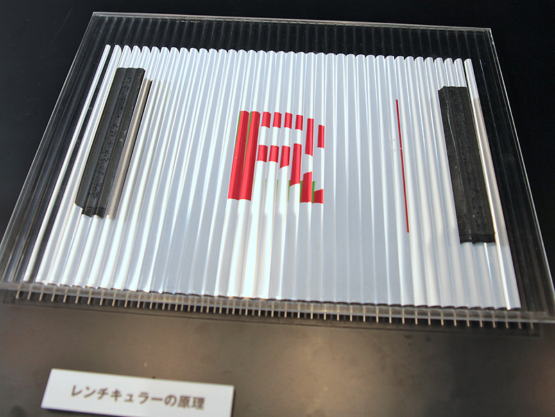 <b>レンチキュラーシートの原理。レンチキュラーシートは、レンズを多数集めたシートで、目の視差を利用して左右の目に別々の画像を届ける</b>