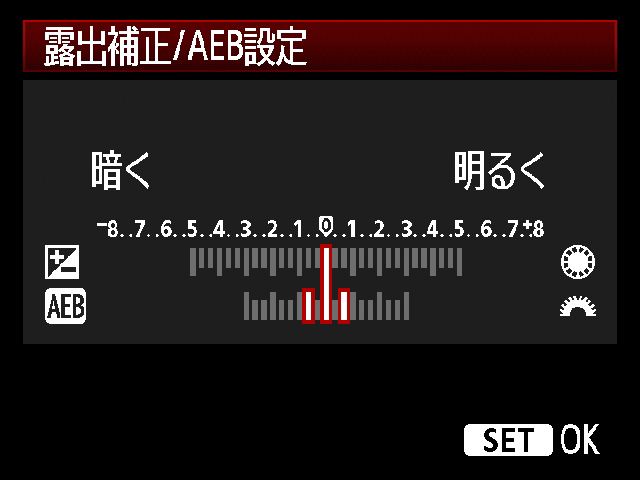 <b>露出補正・AEブラケット設定画面</b>