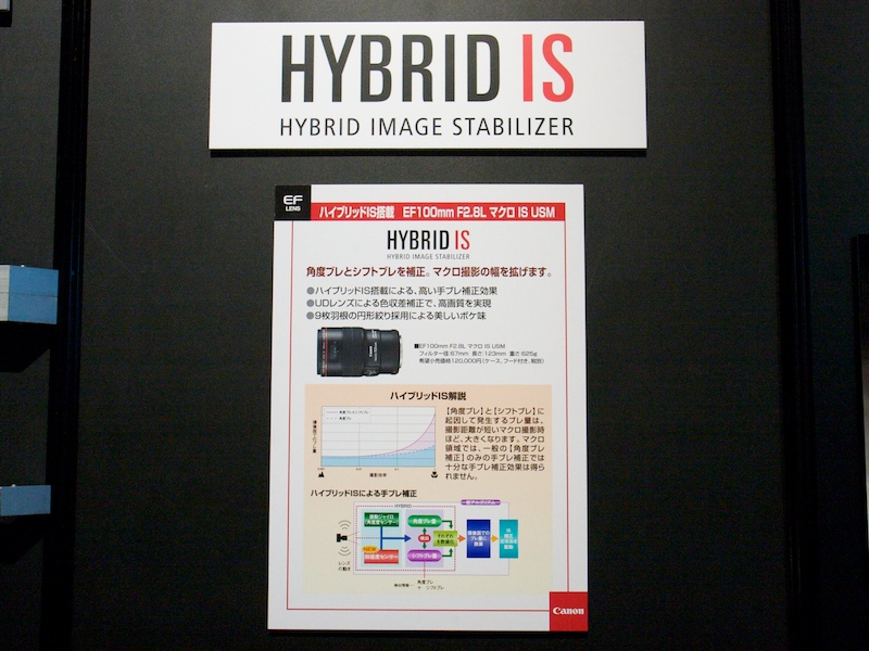 <b>ハイブリッドISの説明パネル。加速度センサーを加えることで、角度ブレのほかにシフトブレに対応した</b>