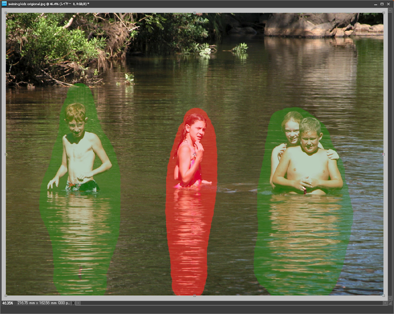 <b>緑を保護対象、赤を削除対象としてそれぞれ設定している</b>