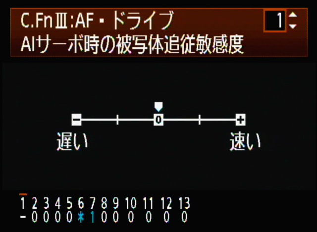 <b>フォーカスフレームを横切るような被写体に対し、AFの追従度の調整が可能となった。「遅い」に設定すると元々狙っている被写体を捕捉し続ける確立が高く、「速い」に設定すると横切った被写体を捕捉する確立が高くなる</b>