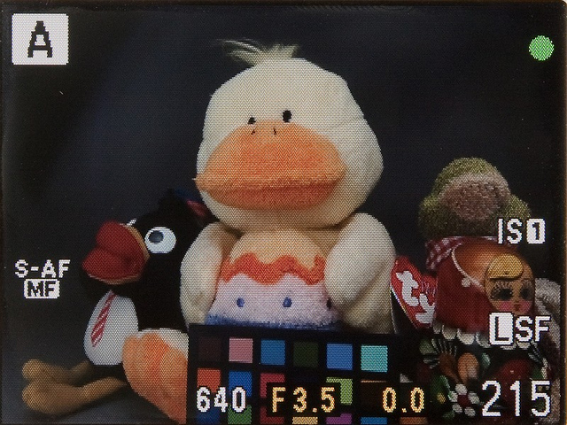 <b>ピントが合うとAFポイントが消えて、右上に緑の丸が表示される。顔検出の場合も同様で、どの位置にピントが合ったか分からなくなるのは残念な仕様。パナソニックのDMC-GF1も同じ仕様だが、何か理由があるのだろうか</b>