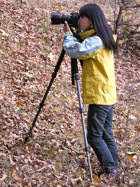 <b>傾斜地では脚を調整することで、エレベーターを三脚をまっすぐに。右は悪い例</b>