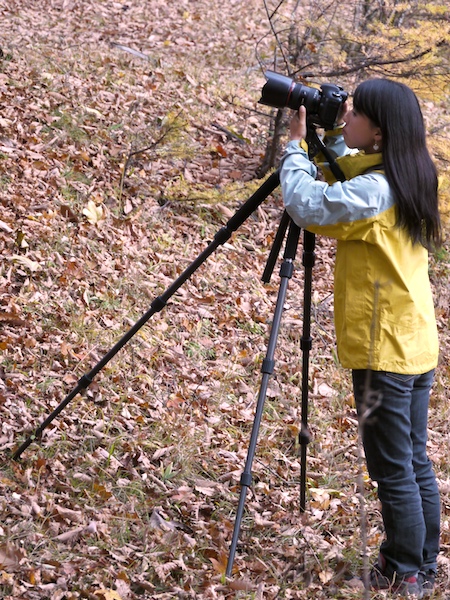 <b>傾斜地では脚を調整することで、エレベーターを三脚をまっすぐに。右は悪い例</b>