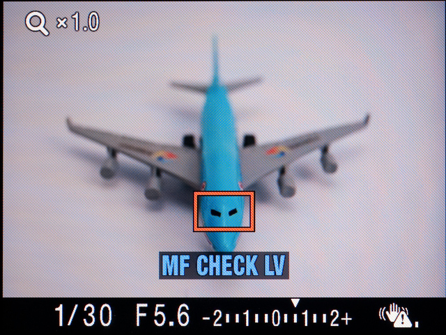 <b>赤い枠が拡大表示する範囲。どこを拡大するかは十字キーで移動可能だ。「MF CHECK LV」の文字は消せない。ソニーによると、クイックAFライブビューとの設定状態の違いをわかりやすい形で伝える必要があるとの判断から</b>