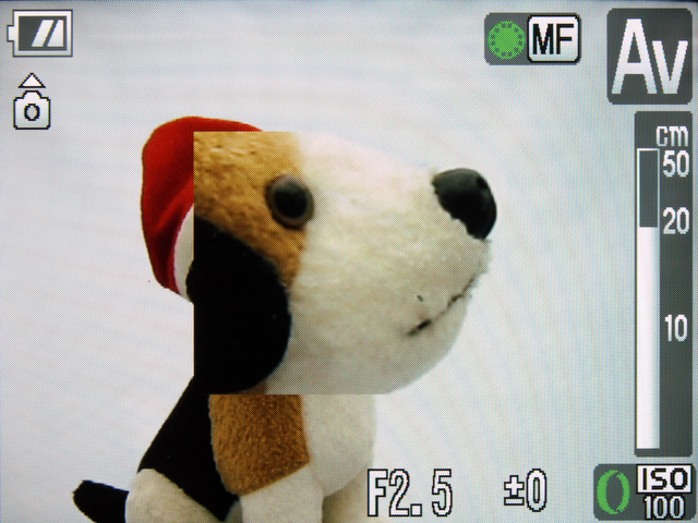 <b>4方向ボタンの左を押して「MF」を選ぶと、フォーカスモードは「マニュアルフォーカス」になる。その後は拡大表示を見ながらピントを合わせる</b>