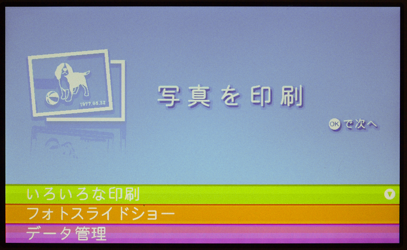 <b>E-600起動直後の画面。起動してすぐに印刷できるような画面になっている。リモコンのOKボタンを押すと、カードスロットで読み込んでいる写真を「選んで印刷」するか「すべて印刷」するかを選べる</b>