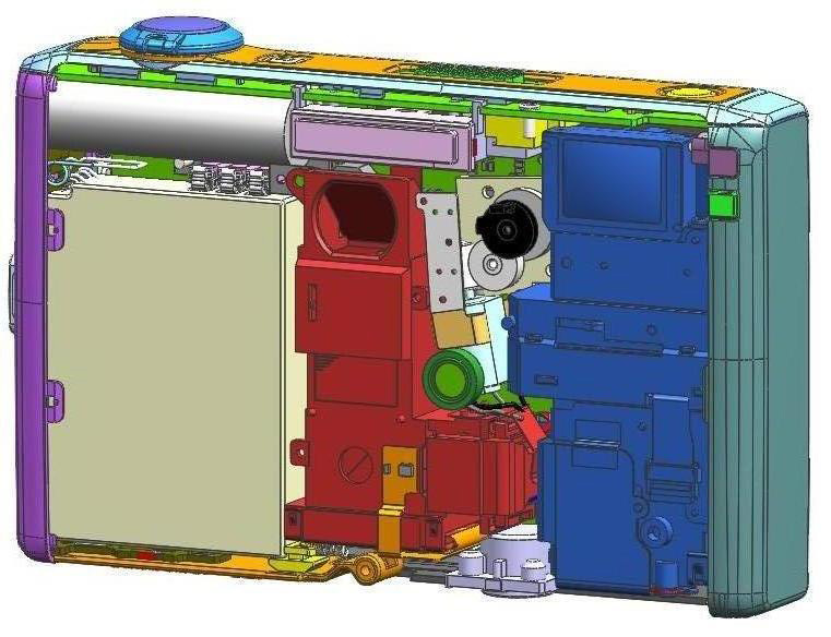 <b>COOLPIX S1000pjの内部構造。中央の赤いブロックがプロジェクターユニットになる</b>
