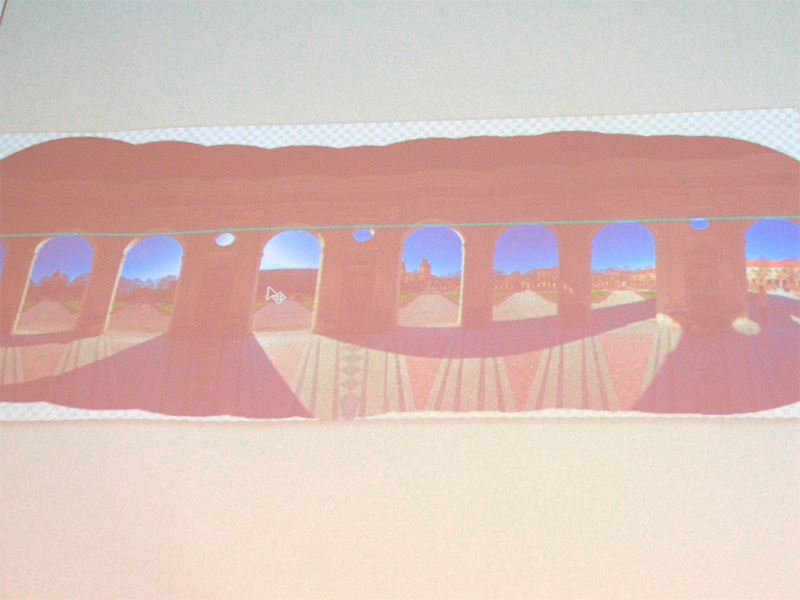 <b>スナップのデモ。合成で作成したパノラマ画像にコントロールポイントを配置し、水平に整える</b>