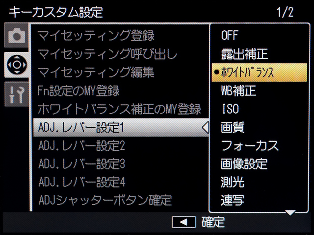 <b>アジャストレバーを押したときに表示される項目の内容設定画面。ファンクションボタンの設定との兼ね合いもあって悩みどころだ</b>