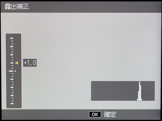<b>露出補正時の画面。ヒストグラムも表示されるので、露出決定の目安にできる。個人的にはもっと面積を狭くしてもらいたい</b>
