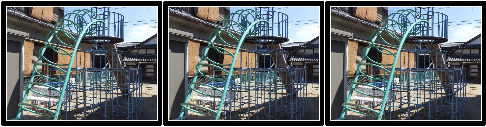 <b>ジャングルジムと滑り台が合体したような遊具。2Dで見るとごちゃついて見えるが、3Dで鑑賞すると「近景」、「中景」、「遠景」が分離して、複雑な奥行きが堪能できる。観音寺市</b>