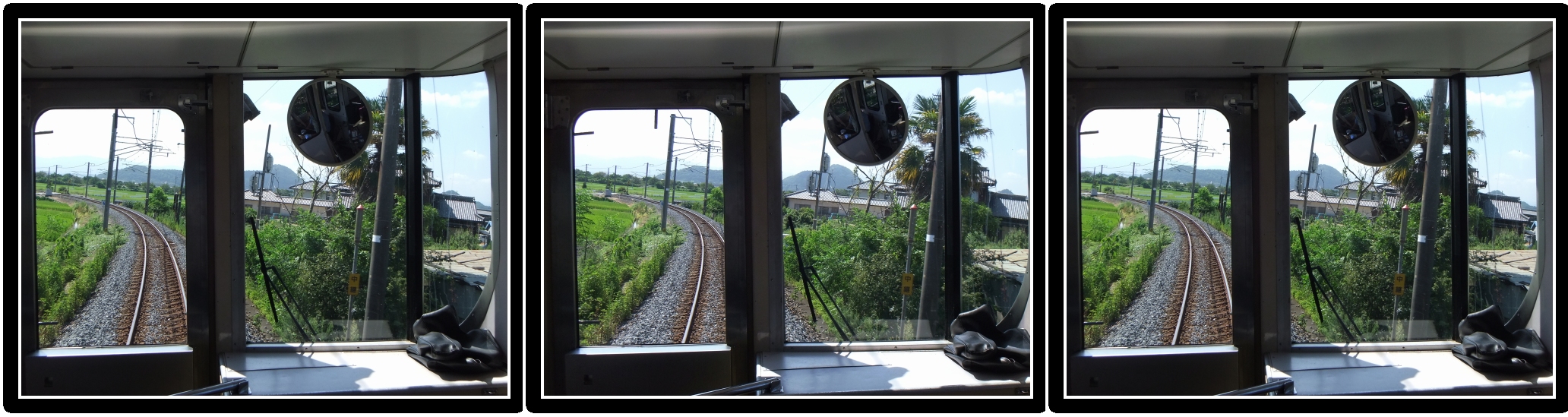 <b>ホンモノの電車の先頭窓から撮ってみたのだが、なかなかの臨場感である。しかし動きのある被写体を3D写真で見ると、“止まってる感”がより意識され、何だか不思議な感じがする。JR予讃線車内</b>