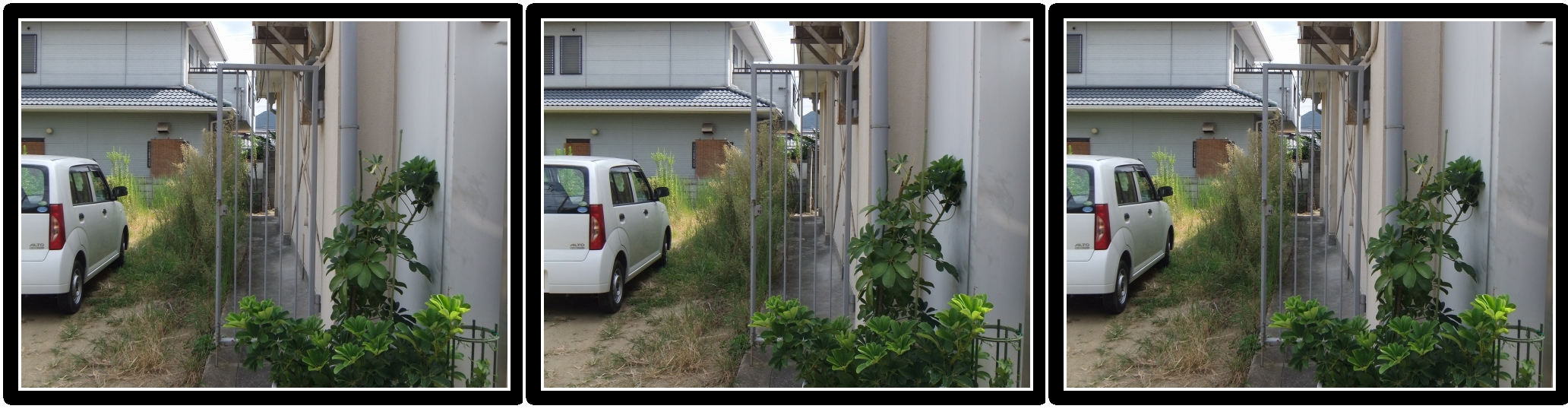 <b>隣の建物が壊されたため、機能を失ってしまった「無用門」。細い鉄パイプ製なので、普通の写真だと目立たないが、3D写真だとその存在感が文字通り浮き出て見える。丸亀市</b>