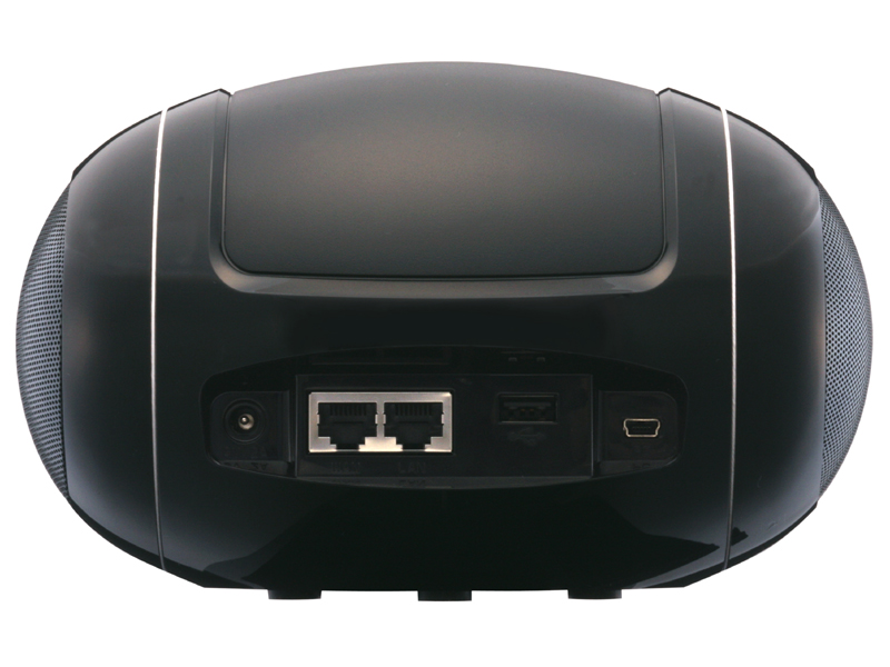 <b>背面。左から電源、WAN、LAN、USBデータ通信端末用、PC接続用USBの各端子</b>