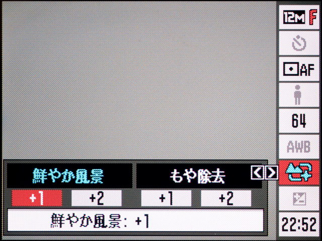 <b>「鮮やか風景」、「もや除去」ともに効果のレベルを「+1」、「+2」から選べる</b>