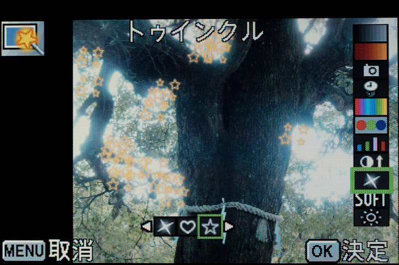 <b>デジタルフィルターには「トゥインクル」を追加（写真はハイライト部を星形にしているところ。ハートも選べる）</b>