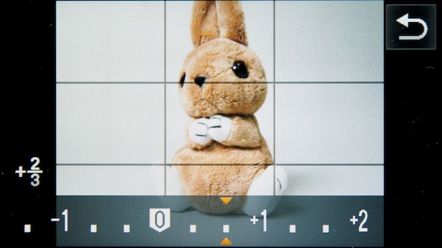 <b>露出補正中の表示。画面内のバーグラフを直接タッチする。指先よりツメの先を使ったほうが、ねらいどおりの位置にヒットしやすい感じ</b>