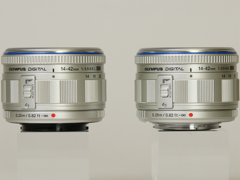 <b>M.ZUIKO DIGITAL ED 14-42mm F3.5-5.6 LをE-P2/E-P1レンズキットの「M.ZUIKO DIGITAL ED 14-42mm F3.5-5.6」（右）と比較</b>
