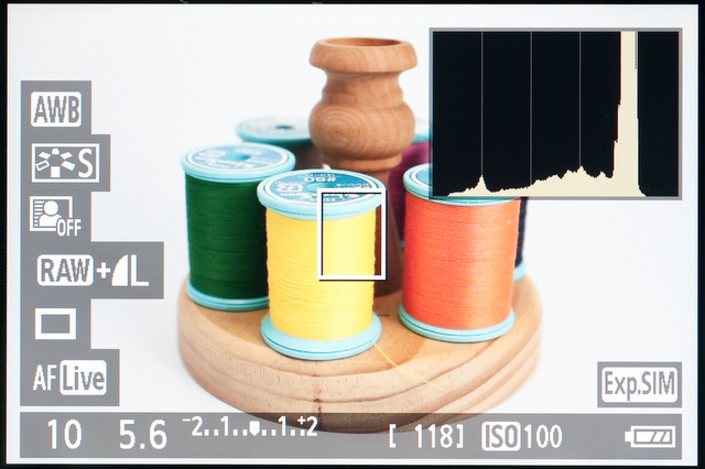 <b>ヒストグラム（動画時は表示できない）は透けないタイプなので、画面が見づらくなる。露出補正などはきちんと反映される</b>