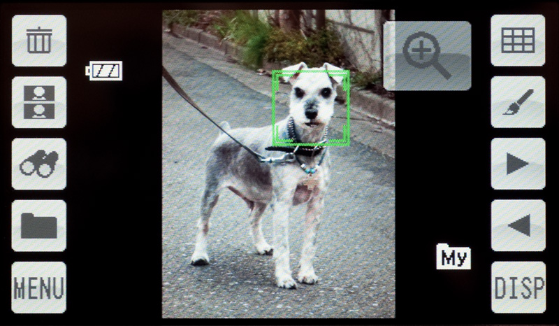 <b>顔を検出できている状態で撮ると、再生時に顔の部分に緑色の枠が表示される。このあたりは人間の顔認識と同じである</b>