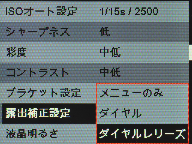 <b>露出補正は初期設定ではSETメニューから行なう方式だが、電子ダイヤルの単独回転もしくはシャッターボタン半押し＋電子ダイヤルで行なえるよう設定変更が可能</b>