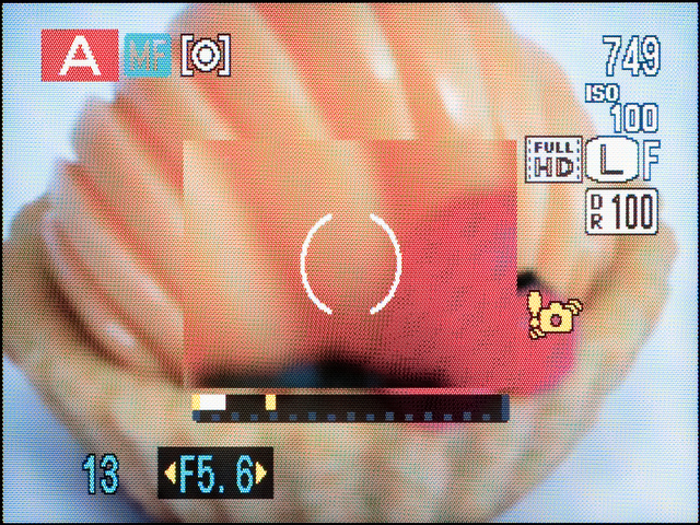 <b>マニュアルフォーカス時は画面中央が拡大され、その下にコントラストのスケールが表示される。もっともコントラストが高い状態を合焦と判定する仕組み</b>