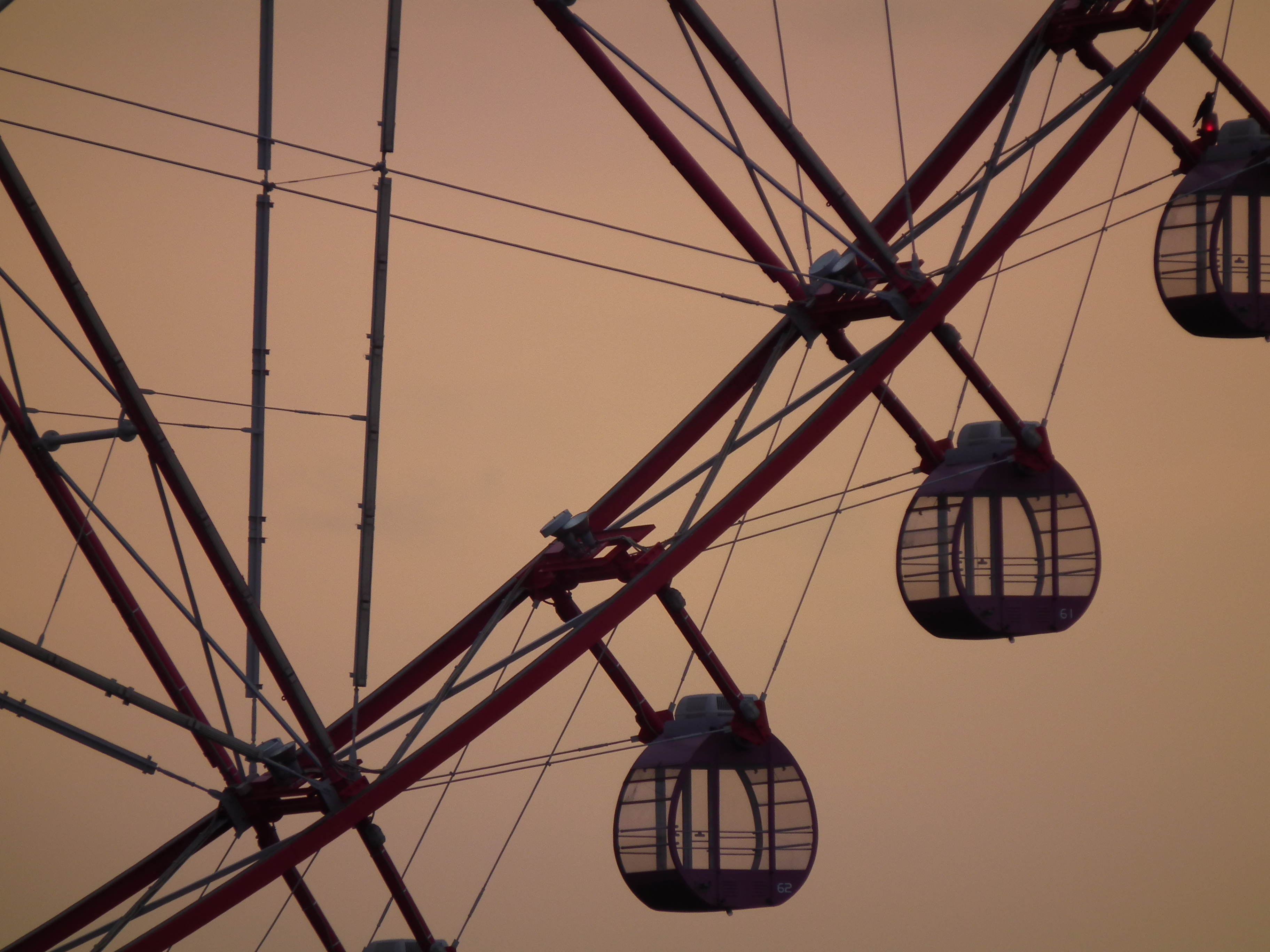 <b>夕焼け色に少し染まった空をバックにダイヤと花の大観覧車をアップで。人が乗ってないなと思ったら動いてない。塗装工事のためお休み中だそうな<br>3,648×2,736 / 1/340秒 / F5.6 / 0EV / ISO100 / WB:晴天 / 126mm（720mm相当）</b>