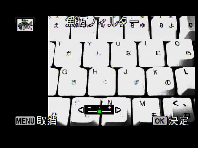 <b>魚拓フィルターの撮影画面。効果の強さ5段階で調節可能</b>