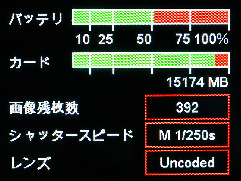 <b>レンズ検出を「オート」のまま6bitコードなしレンズを装着した場合や、レンズ検出を「オフ」にすると、レンズ部分は「Uncoded」と表示される</b>