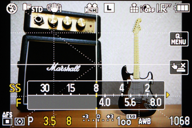 <b>露出メーターは絞りとシャッタースピードの組み合わせが一目で把握できる。P/A/S/Mモードで露出補正、絞り/シャッタースピードの設定を変更する際に表示される</b>