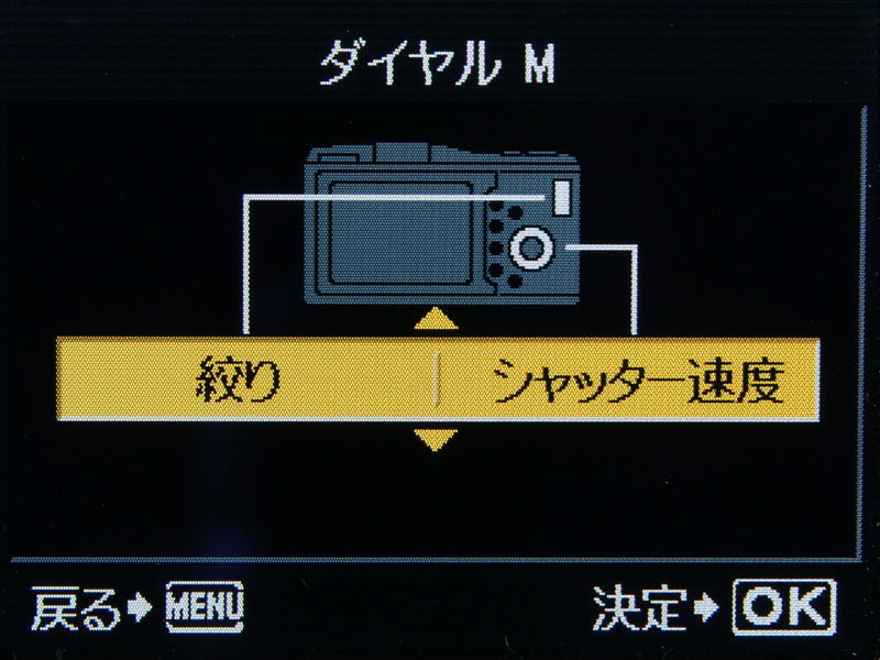 <b>E-P2のダイヤル機能設定画面（マニュアル露出時）。P/A/S/Mそれぞれで割り当てを変えられる</b>