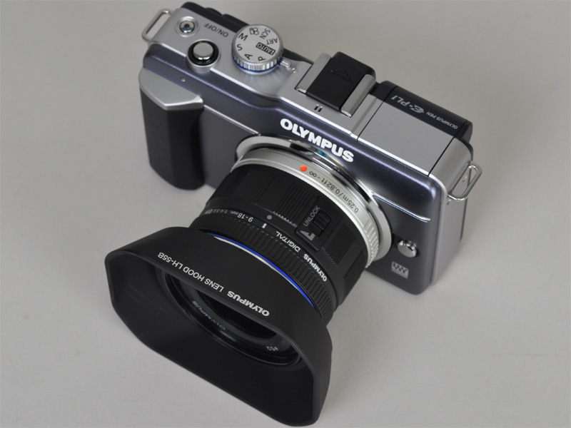 <b>別売のレンズフード「LH-55B」を装着したところ</b>