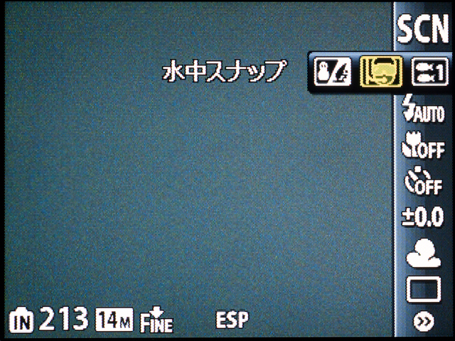 <b>「水中スナップ」、「水中ワイド1」、「水中ワイド2」、「水中マクロ」と水中用のモードが4種類もある。陸上用の「ビーチ&amp;スノー」もある</b>