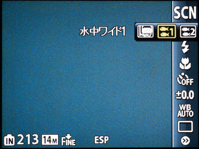 <b>「水中スナップ」、「水中ワイド1」、「水中ワイド2」、「水中マクロ」と水中用のモードが4種類もある。陸上用の「ビーチ&amp;スノー」もある</b>