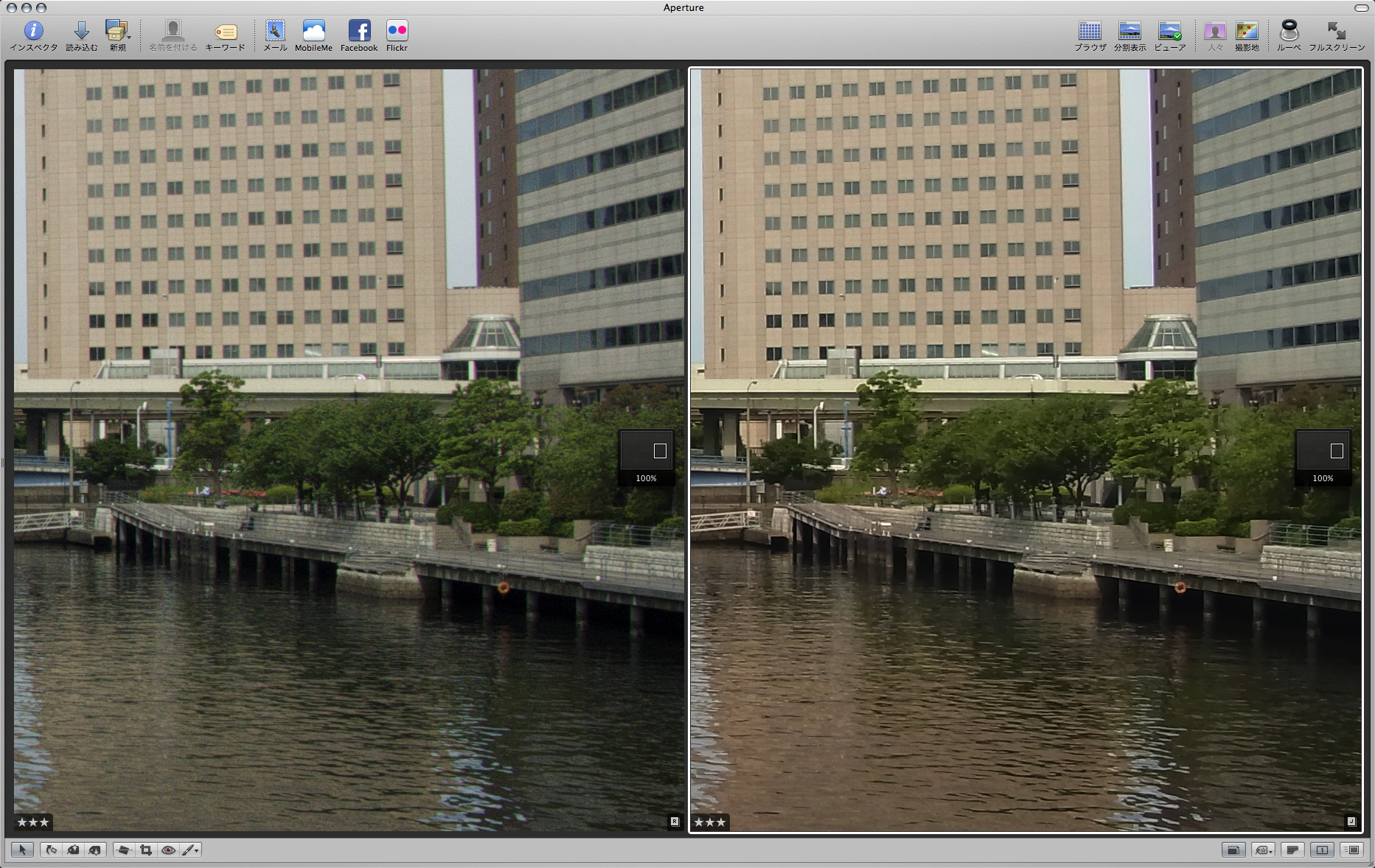 <b>Aperture 3で同時記録したISO100のRAW（左）とJPEG（右）を等倍で表示したところ。RAWは細かいノイズが見られるものの、ディテールが失われていない</b>