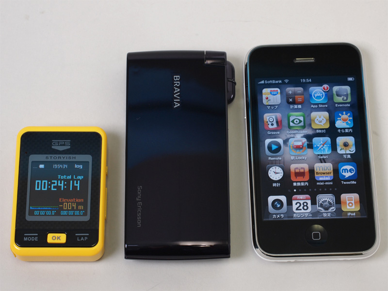 <b>携帯電話（中央）、iPhone 3GS（右）とサイズ比較</b>