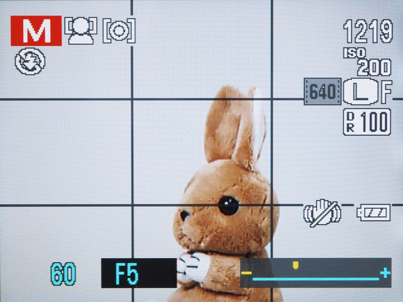 <b>マニュアル露出時の画面。露出補正ボタンで設定する値を切り替え、コマンドダイヤルの回転で値を変更する</b>