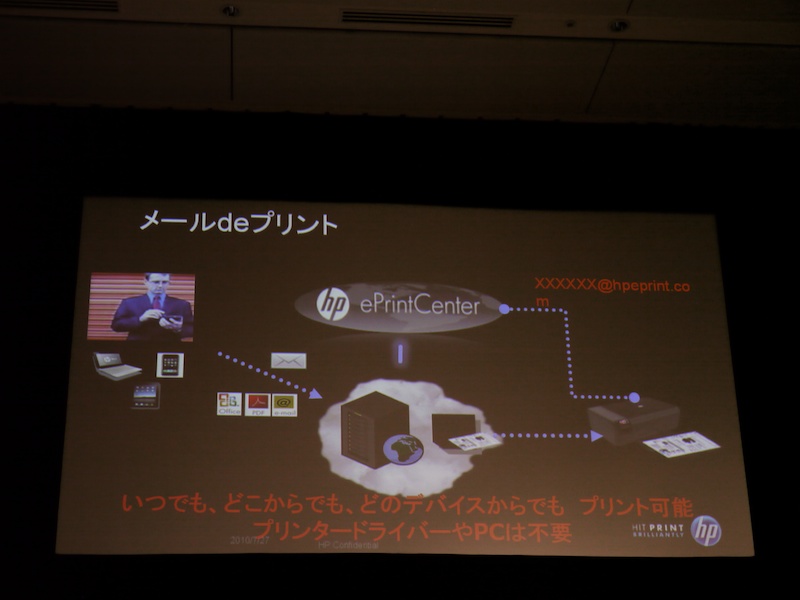 <b>メールdeプリントの概念。データはHPのePrintCenterを経由し、B110aのメールアドレスに送られる</b>