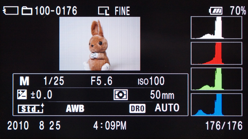 <b>撮影情報やヒストグラムを表示したところ</b>