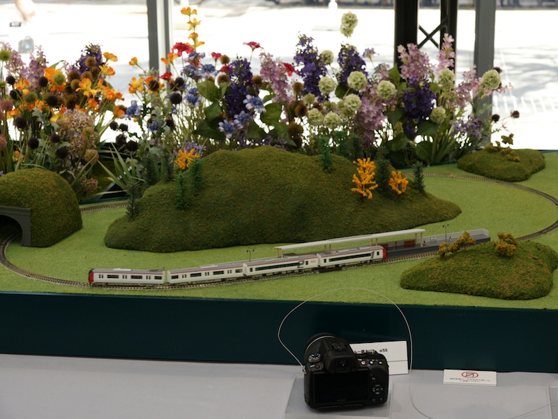 <b>連写性能や動画機能を体感できる鉄道模型のセットも設置していた</b>